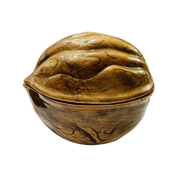 Vintage Ceramic Brown Walnut Snack, Candy, Cookie Trinket/Covered Dish Signed - Picture 4 of 8